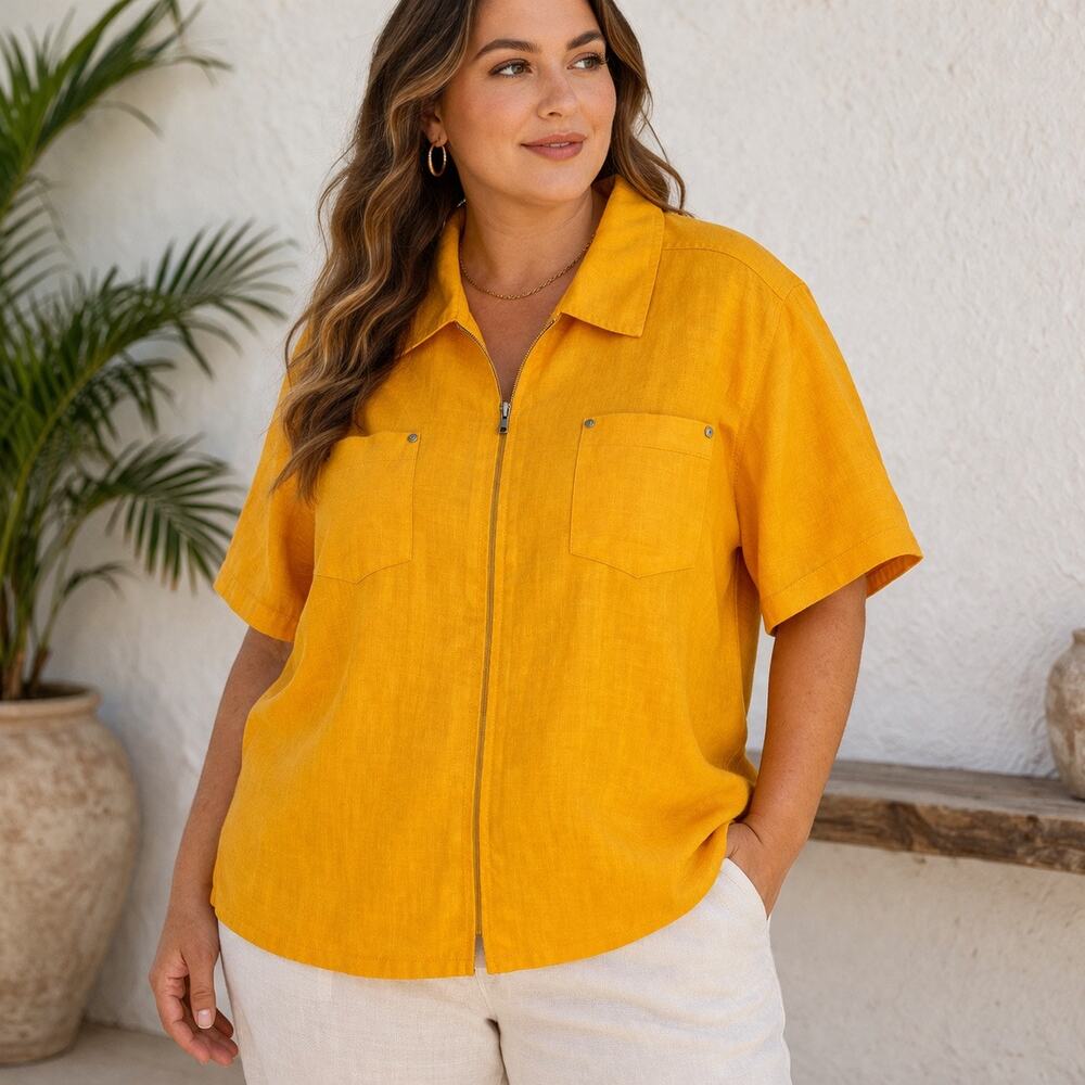 Venezia Jeans Yellow Linen Blend Zip Front Short Sleeve Blouse Size 18/20 NWT